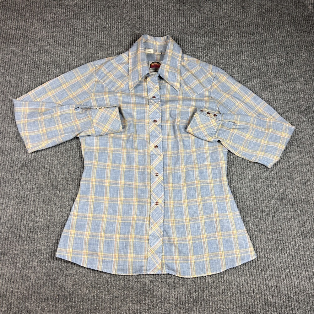 Vintage Miller Western Shirt Women 16-38 Blue Plaid Peak Yoke Pearl Snap Cowgirl